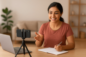 A young South Asian woman recording content at home, smiling at a smartphone on a tripod while writing in a notebook beside her laptop.