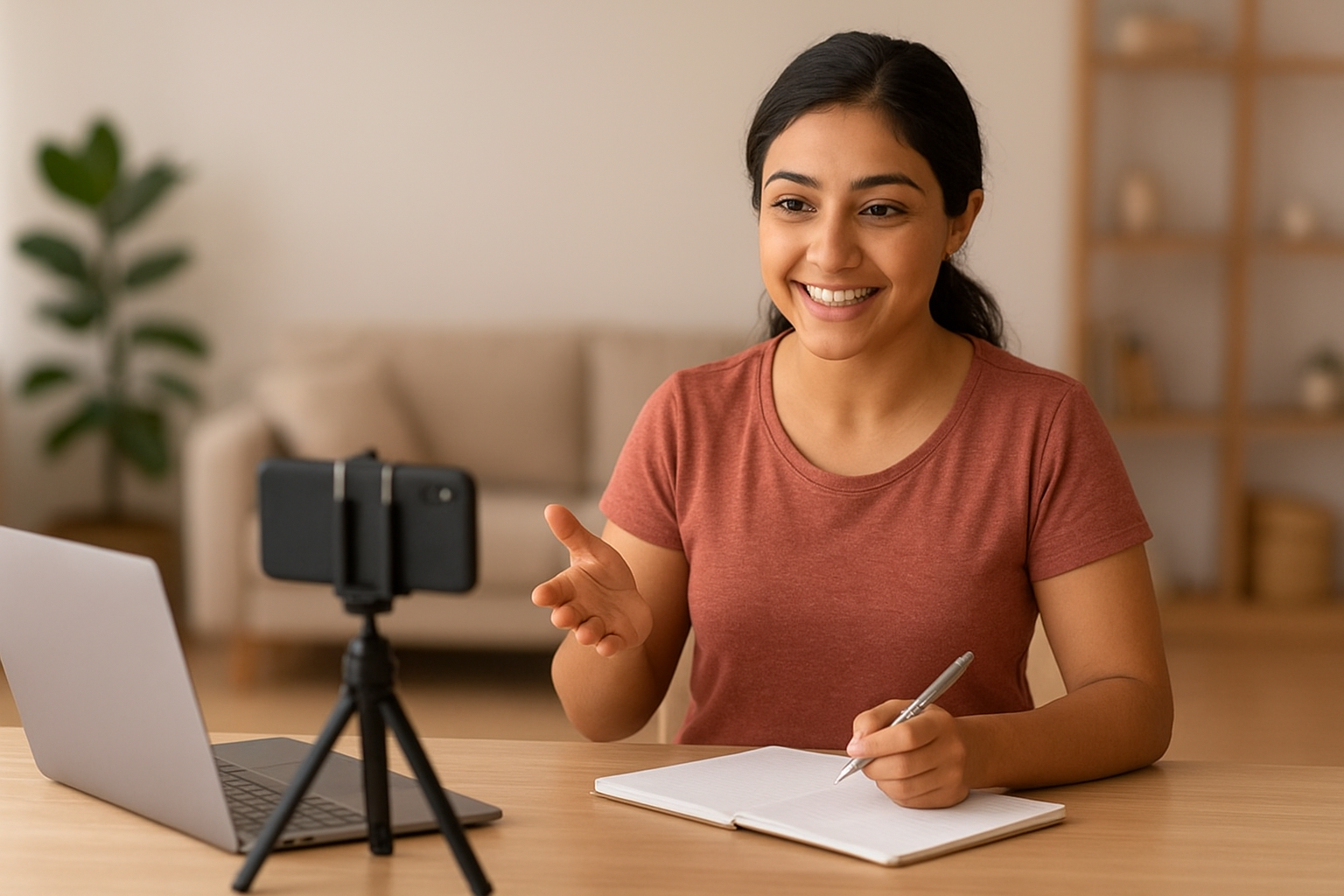A young South Asian woman recording content at home, smiling at a smartphone on a tripod while writing in a notebook beside her laptop.